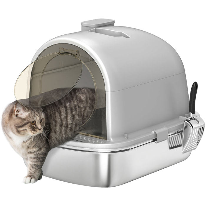 Arenero para Gatos de Acero Inoxidable con Cubierto Caja de Arena para Gatos Arenero con Bolsa Desodorizante Pala Fácil de Limpiar 52,4x41,3x39,9 cm Gris