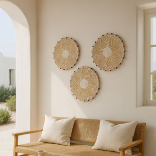 Panier rond en jonc de mer et perles de bois 40cm MILOS