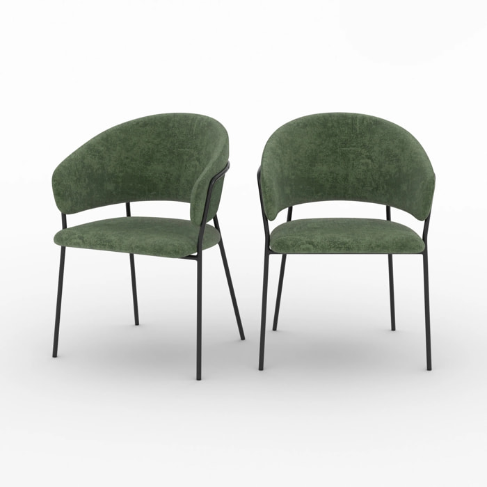 Lot de 2 chaises en tissu vert sapin et pieds en métal noir - Amaya