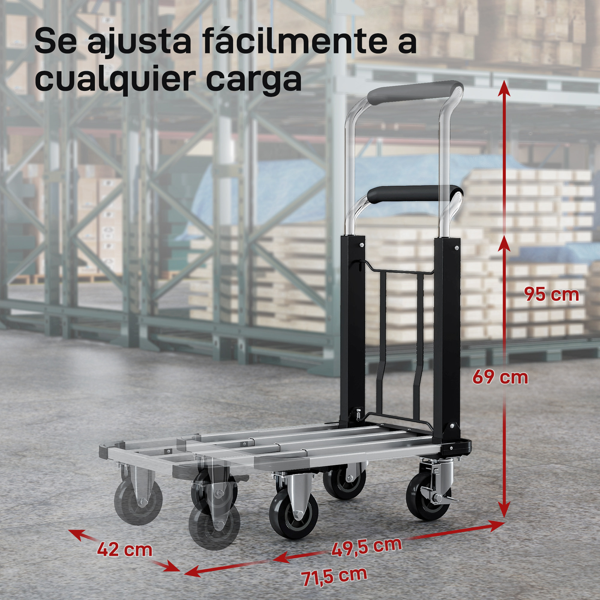 Carretilla Plegable de Aluminio con Ruedas, Carga 150 kg, Carretilla de Mano Robusta con Plataforma Extensible y Mango Ajustable, para Garaje, Oficina, Equipaje, Viajes y Compras, Plata y Negro