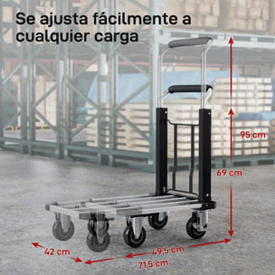 Carretilla Plegable de Aluminio con Ruedas, Carga 150 kg, Carretilla de Mano Robusta con Plataforma Extensible y Mango Ajustable, para Garaje, Oficina, Equipaje, Viajes y Compras, Plata y Negro