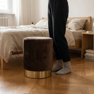Pouf cilindrico in velluto con base dorata, sgabello imbottito elegante e resistente, seduta compatta salvaspazio, ideale per salotto camera ingresso e toeletta, design moderno glamour e versatile