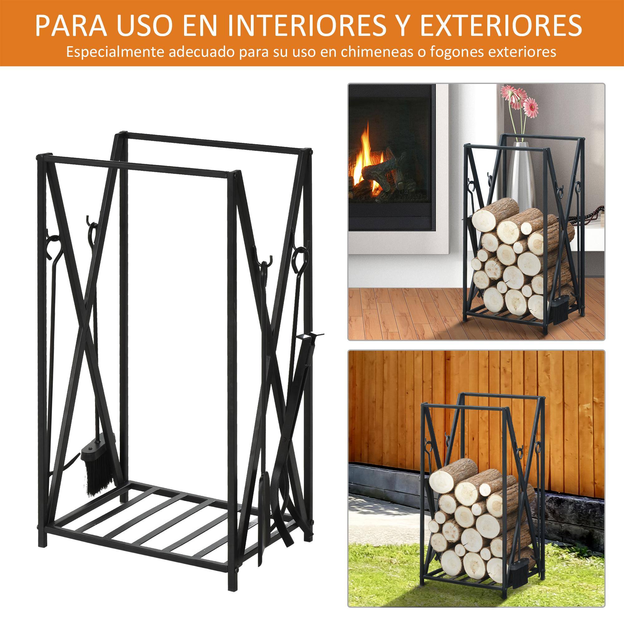 Estante para Leña con 4 Herramientas Carga 100 kg Acero 46x30x76 cm Negro