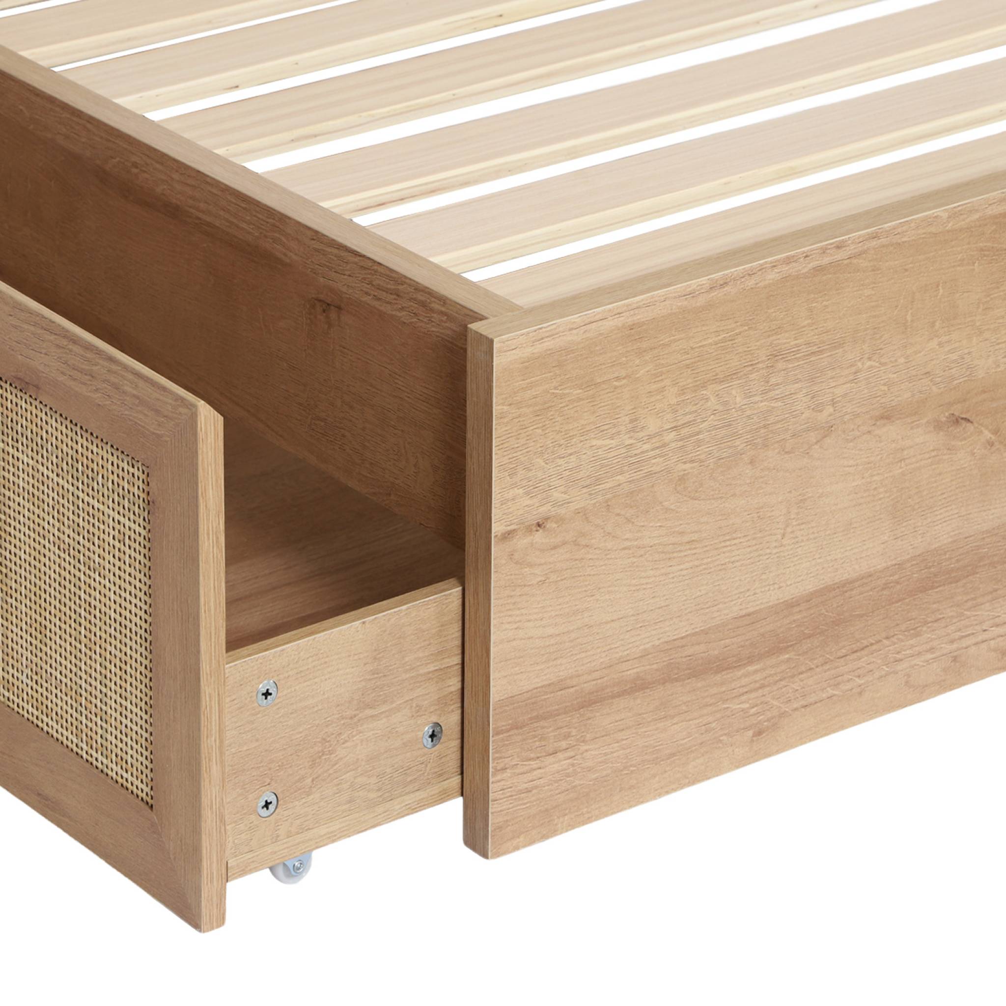 Lit bohème avec sommier à lattes et tête de lit 140 x 190cm + 4 tiroirs décor bois et cannage BOHÈME