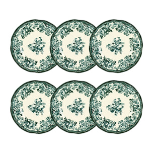 Lot de 6 assiettes à dessert fleuries en grès vert 20cm FAUSTINE