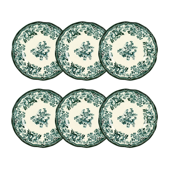 Lot de 6 assiettes à dessert fleuries en grès vert 20cm FAUSTINE