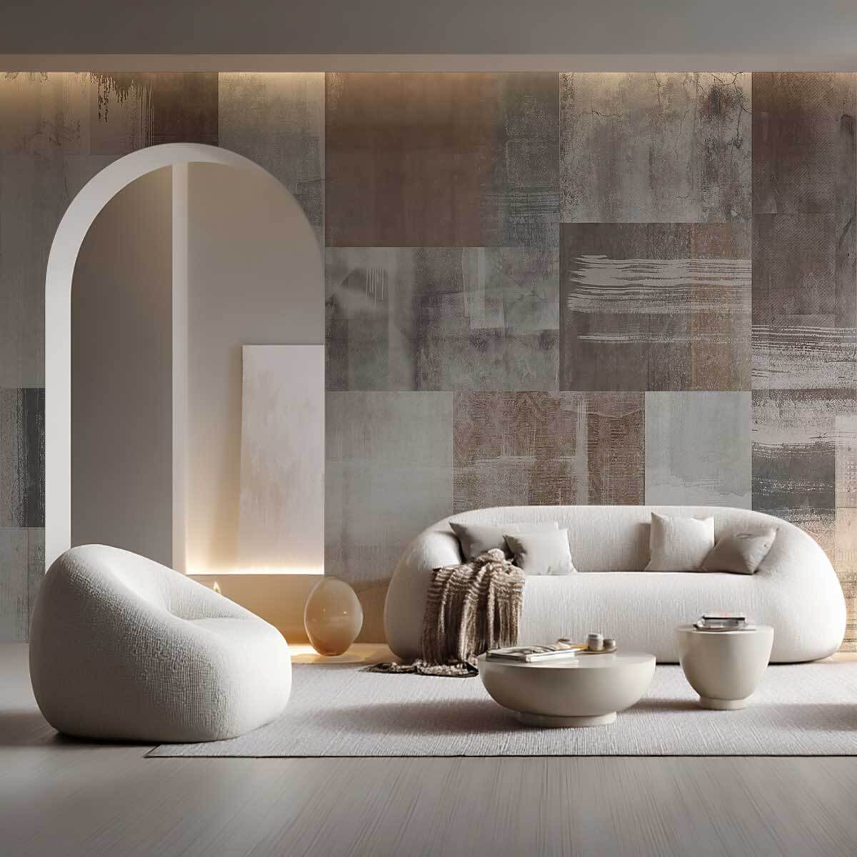 Papier peint abstrait effet matières patchwork beige Intissé