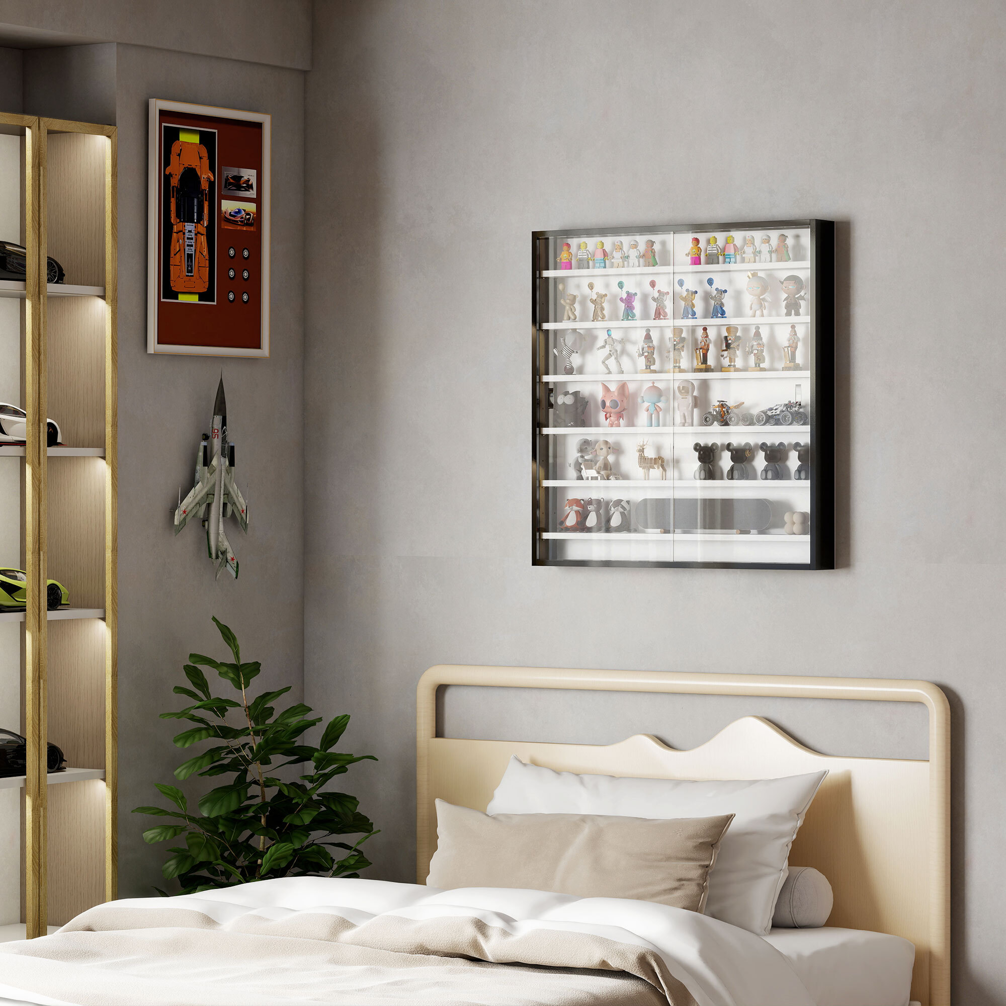 Vitrina Expositora para Colecciones de 7 Niveles, Vitrina de Pared, con Estantes Ajustables y 2 Puertas Correderas de Vidrio, para Perfumes, Figuras de Decoración, 80x9,5x83 cm, Negro