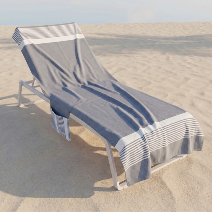 Telo mare lettino con tasche ed elastici in cotone e poliestere, telo spiaggia ultra assorbente con fissaggio stabile, morbido e pratico, ideale per lettini mare piscina e spa, dimensioni generose, lavabile e resistente per uso estivo