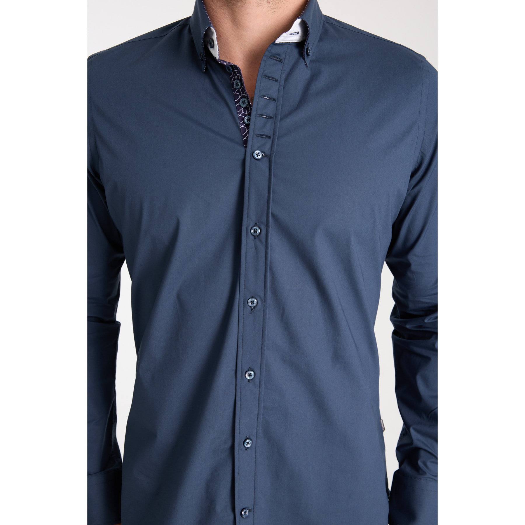 Camicia Uomo 1 Bottoni Button Down Slim Popeline Stretch Unito Blu