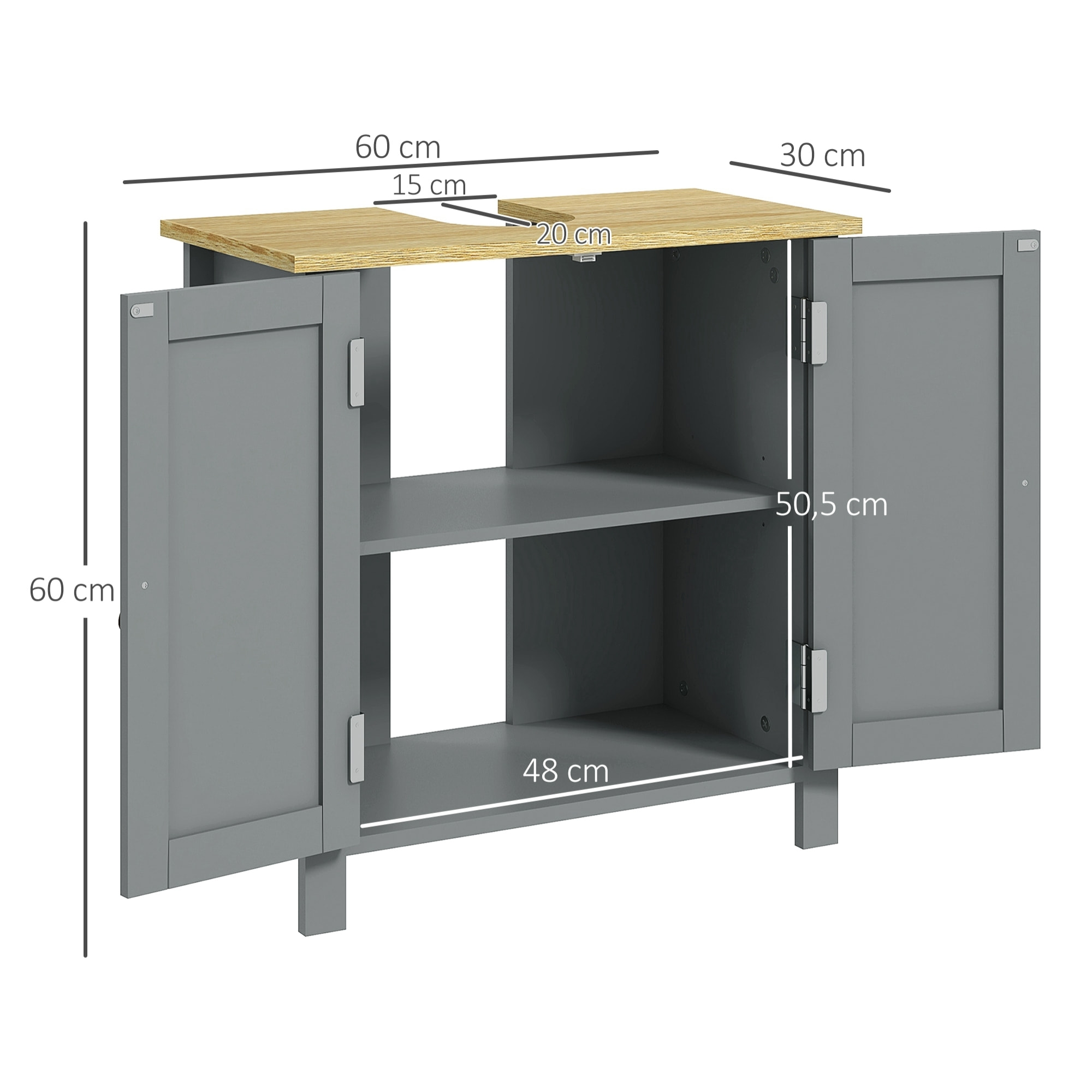 Meuble salle de bain sur pied - meuble sous-vasque - 2 portes, étagère - MDF panneaux aspect bois clair gris