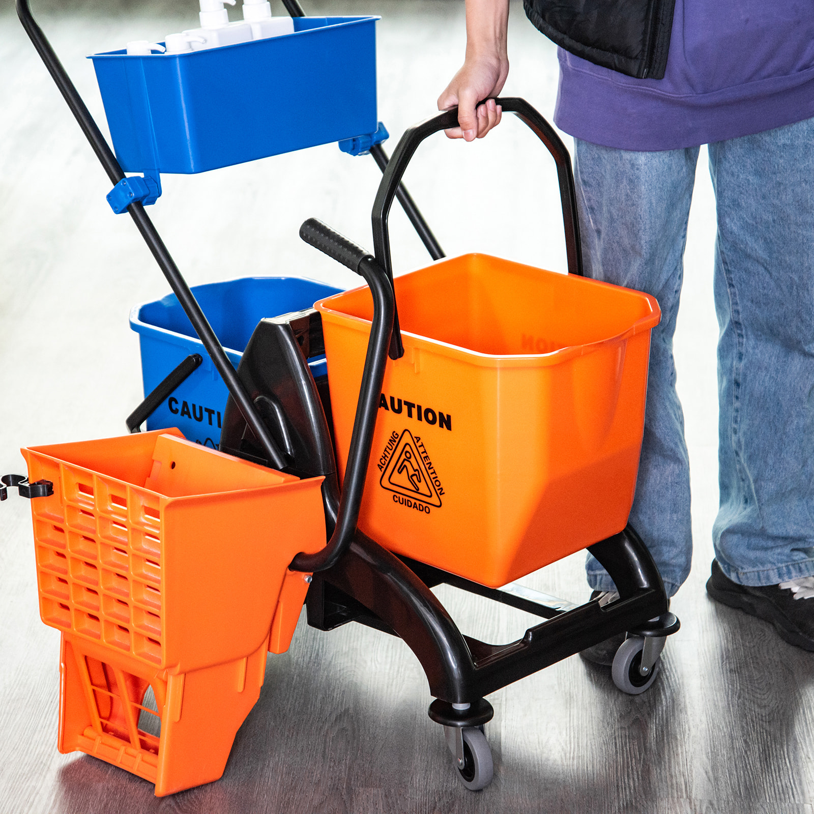 Chariot de lavage chariot de nettoyage professionnel presse à mâchoire 2 seaux + rangement orange bleu