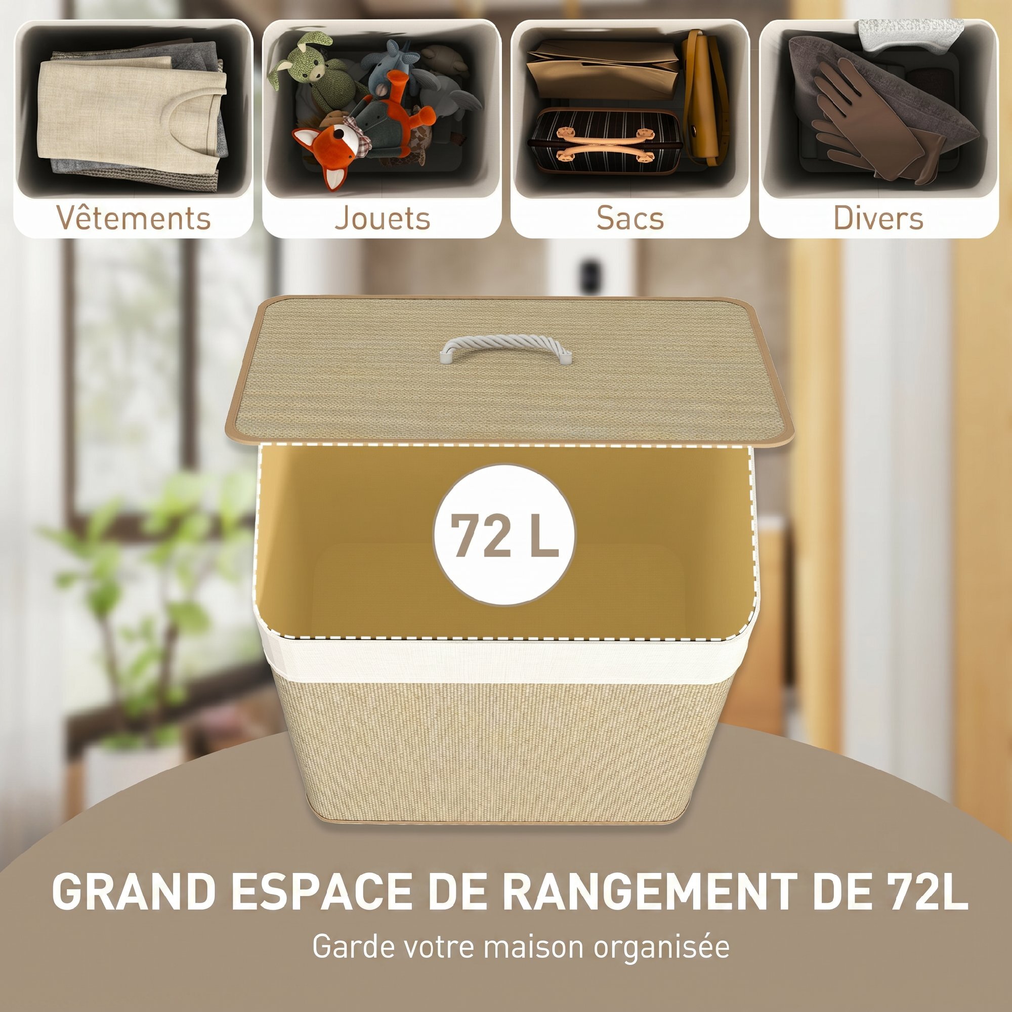 Panier à linge rectangulaire bambou 72L déhoussable lavable beige