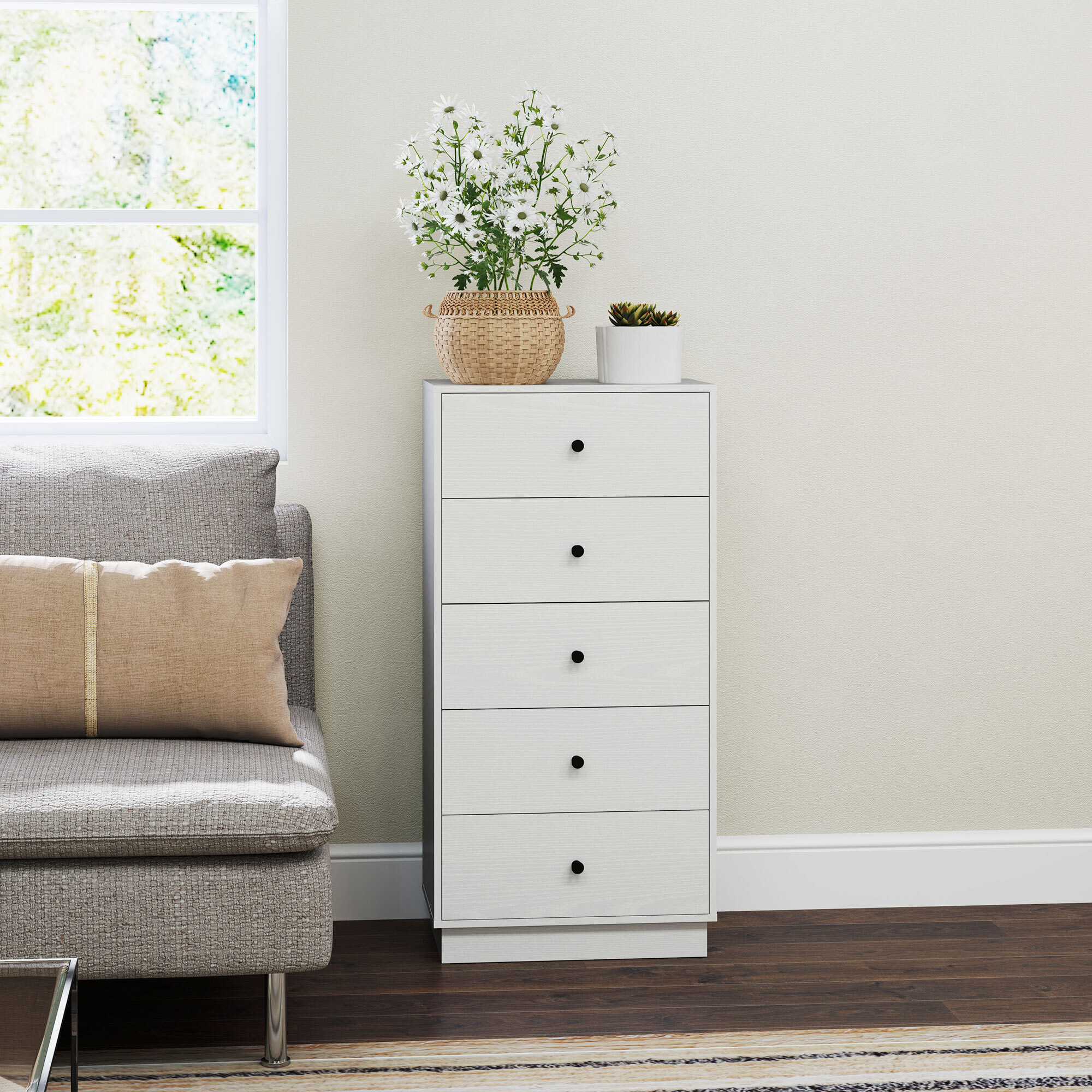 Cómoda con 5 Cajones Cómoda de Dormitorio Estrecha con Anti-vuelco Cajonera Alta para Salón Pasillo 47x29x95 cm Blanco