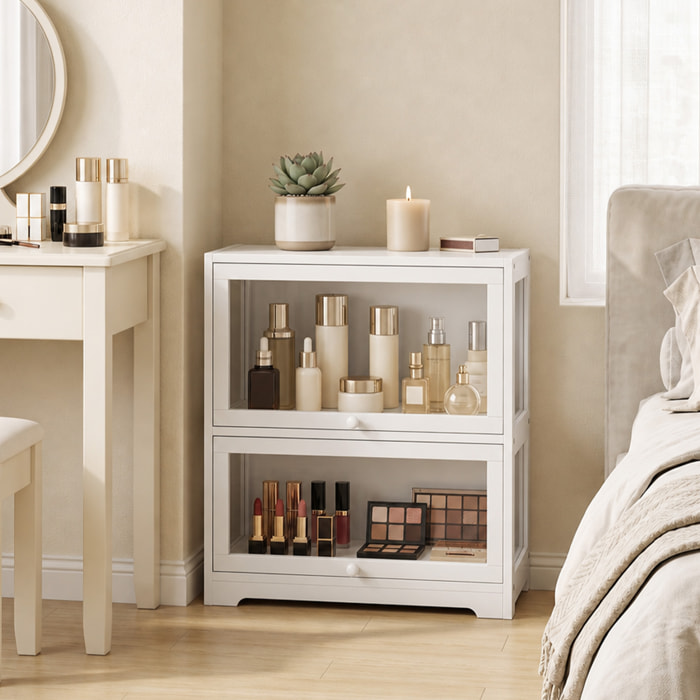 Vitrina Expositora para Colecciones de 2 Niveles, Vitrina con Puertas Abatibles de Acrílico, Anti-vuelco, Armario Auxiliar para Perfumes, Figuras de Decoración, 59,5x30x73 cm, Blanco