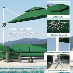 Sombrilla de Jardín Ø292 cm Parasol Excéntrico con Manivela Giratorio 360° Inclinación Ajustable Doble Techo y Base Cruzada Sombrilla para Terraza Exterior Patio Verde Oscuro