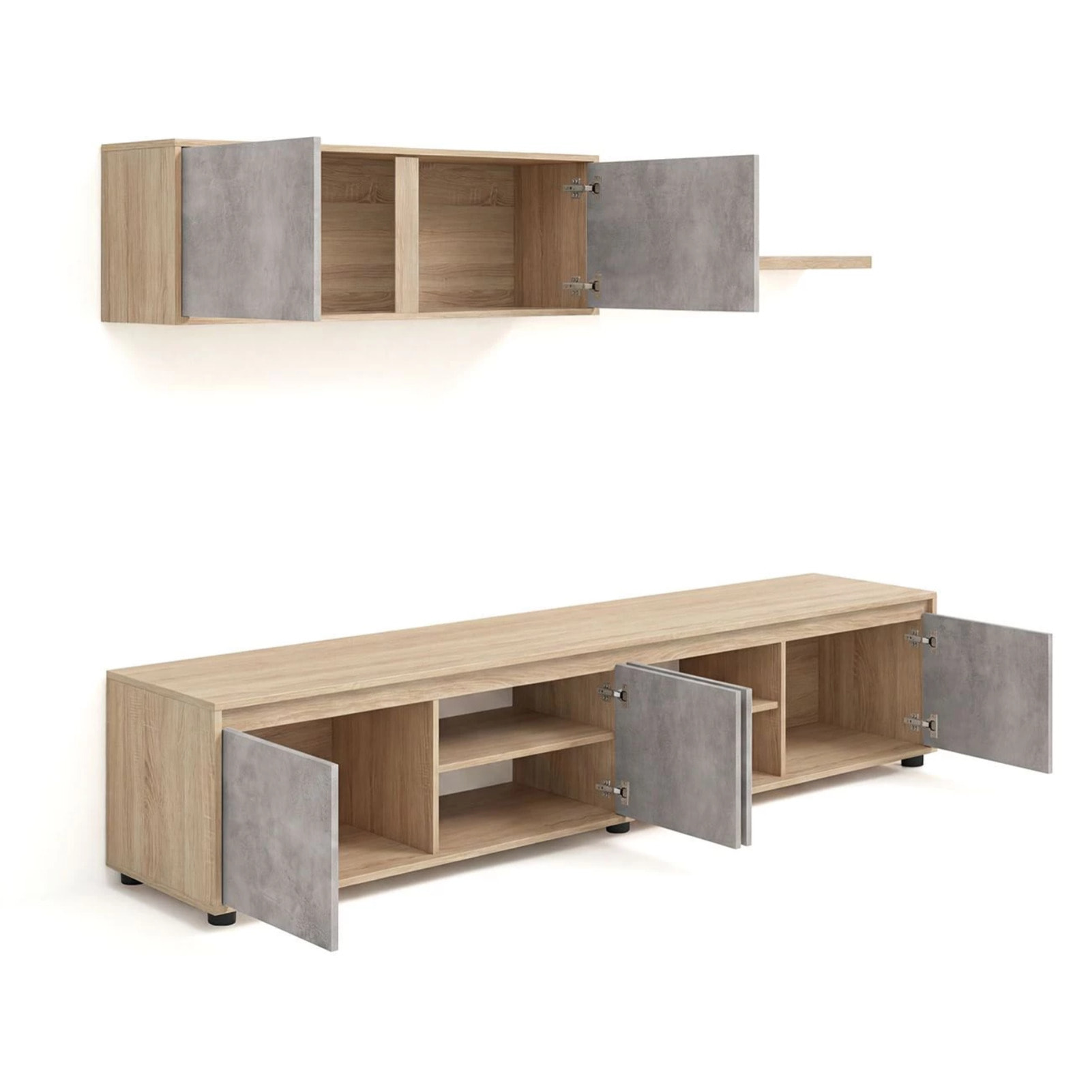 Salón con mueble de TV y estantería en roble canadian y gris cemento 200 cm Arlet Roble Canadian - Gris Cemento