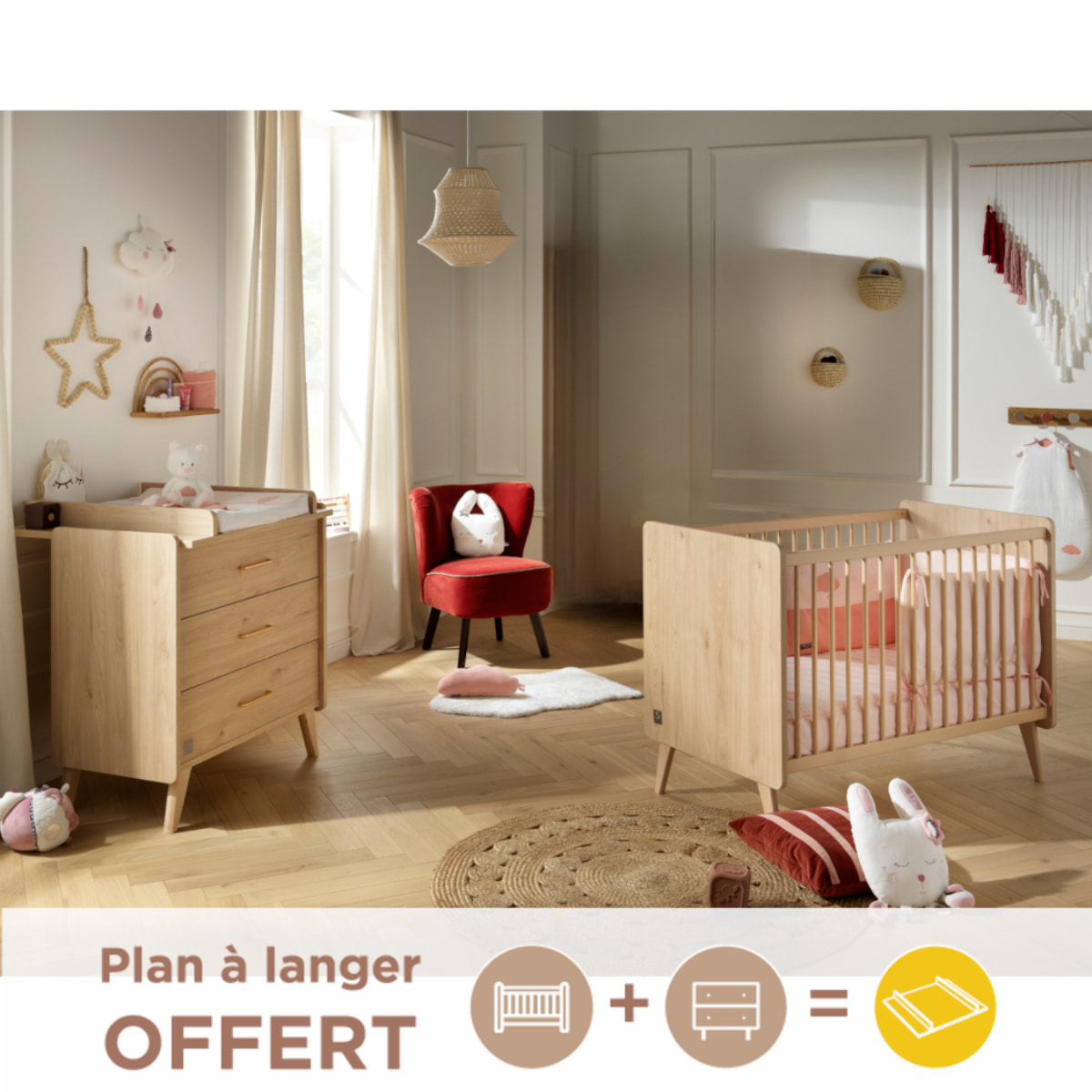 Chambre bébé complète Arty, Lit 120x60 et Commode à langer - Chêne suave