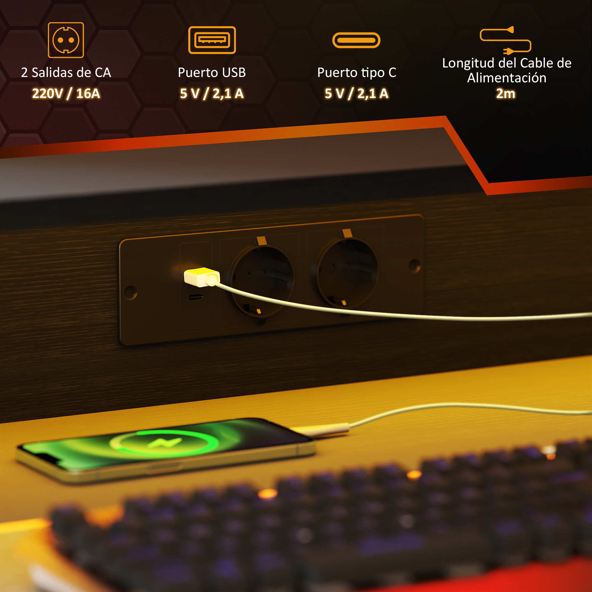 Mesa Gaming con Luces LED, 100x60 cm, Escritorio Gaming, Mesa Gamer con Tomas de Corriente, Soporte para Monitor, Estantes y Control Remoto, para Oficina, Estudio, Negro