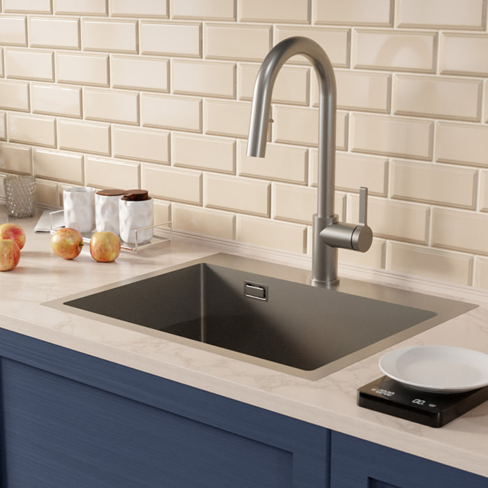 Timeless 55x45x21 cm évier encastrable inox 304 + mitigeur inox avec douchette extractible, gun metal brossé (TMLKST-5545BGM-M2)