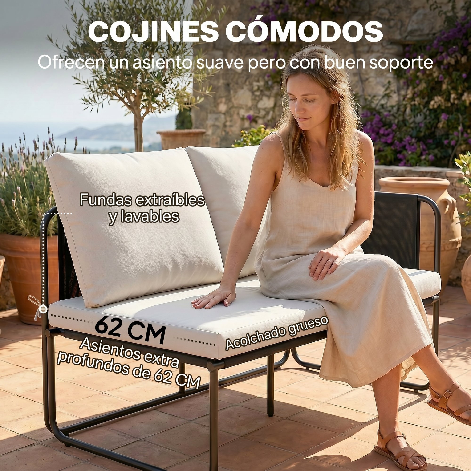 Conjunto Jardín Exterior de 4 Piezas, Muebles Jardín Exterior con 2 Sofás 2 Plazas, 2 Mesas de Vidrio, Cojines, Fundas Extraíbles, Bolsillos, Tela Textilene Transpirable, Marco Acero, Caqui