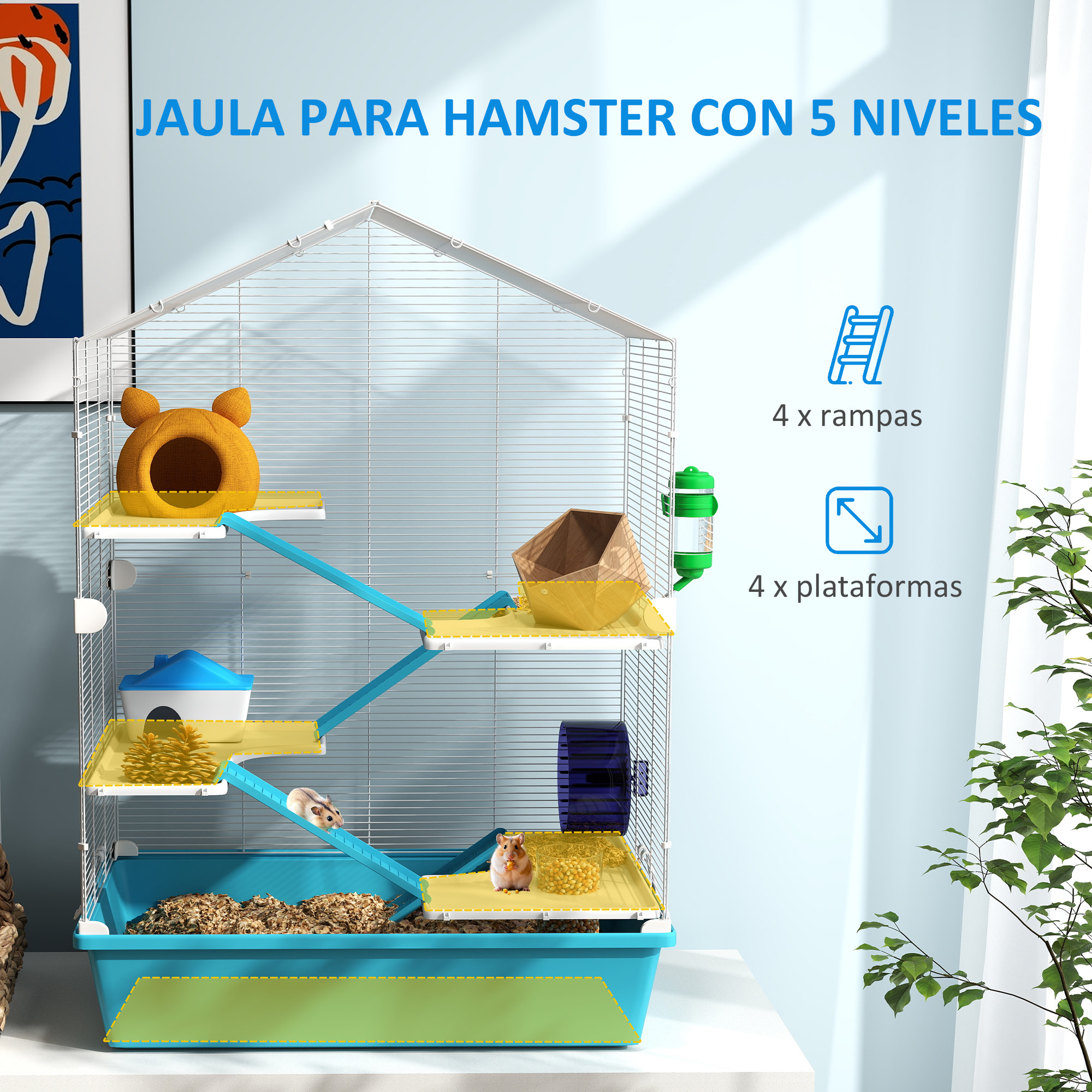 Jaula para Hámster de 5 Niveles Casa para Animales Pequeños con Plataformas Cuenco Bebedero Casita Rampas y Rueda de Ejercicio 58x36x81 cm Azul Claro