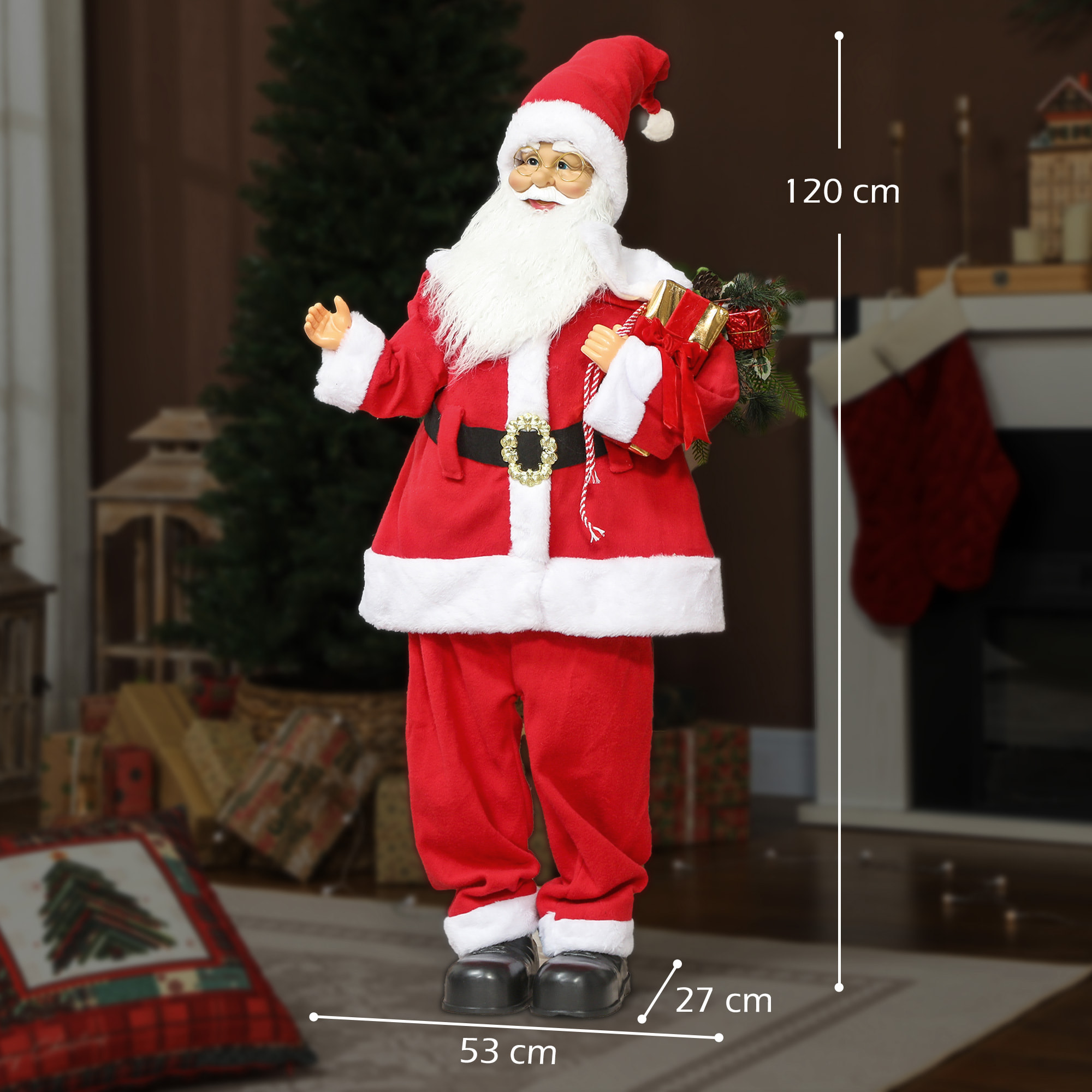Figurine de Père Noël, debout de Père Noël rouge traditionnelle 120 cm, commande vocale, lumières LED scintillantes, musique, bras pliables, pour les décorations d'intérieur et de fête