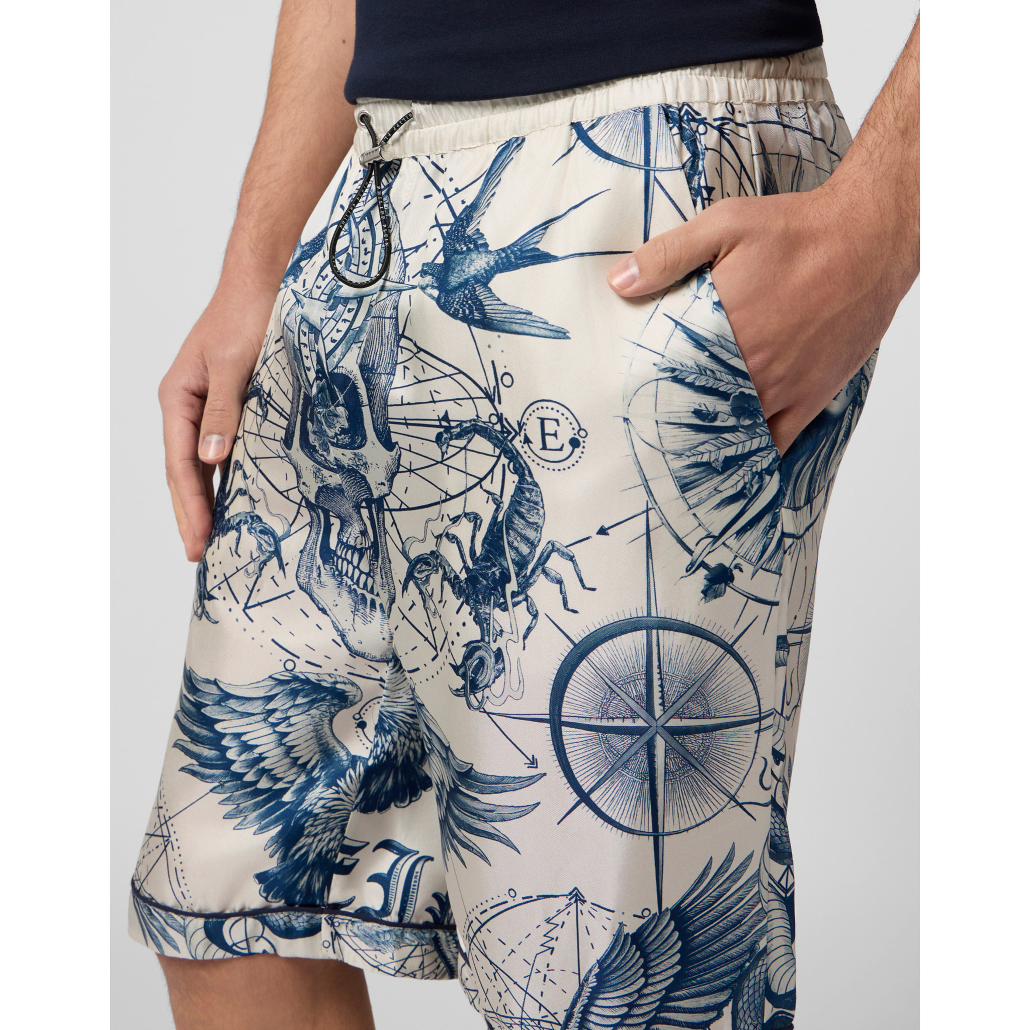 PHILIPP PLEIN Silk Bowling Shorts All-Over Tattoo