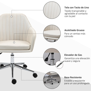 Silla de Oficina Silla de Escritorio Giratoria Tapizado en Lino con Altura Ajustable y Reposabrazos para Estudio Dormitorio Tocador Carga 120 kg Beige