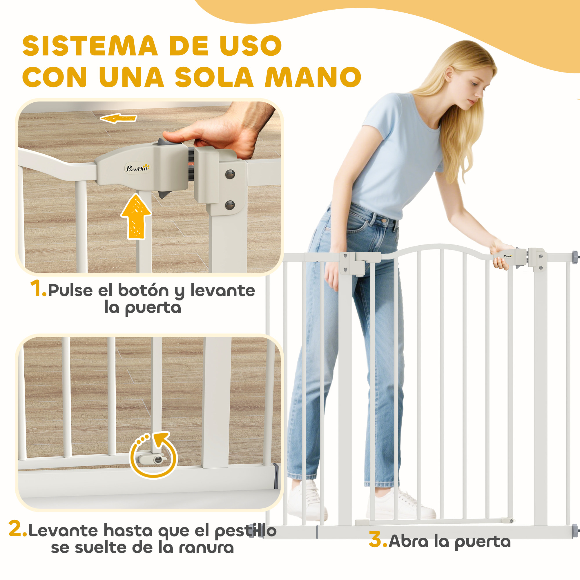 Barrera de seguridad para Perros Extensible 74-94 cm, para Puertas y Escaleras, Barrera para Perros con Extensión 14 cm, Montaje a Presión y Doble Bloqueo, Blanco