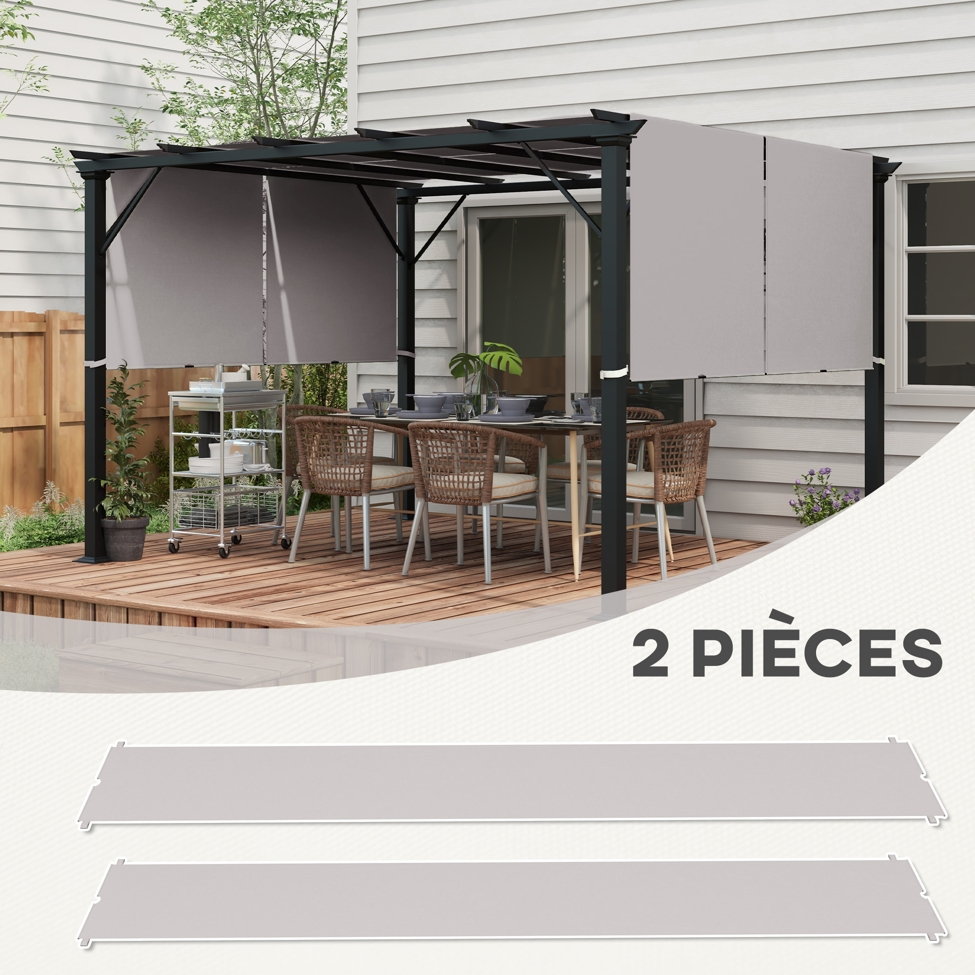 Lot de 2 toiles de rechange pergola rétractable 3 x 3 m polyester anti-UV30+ kaki