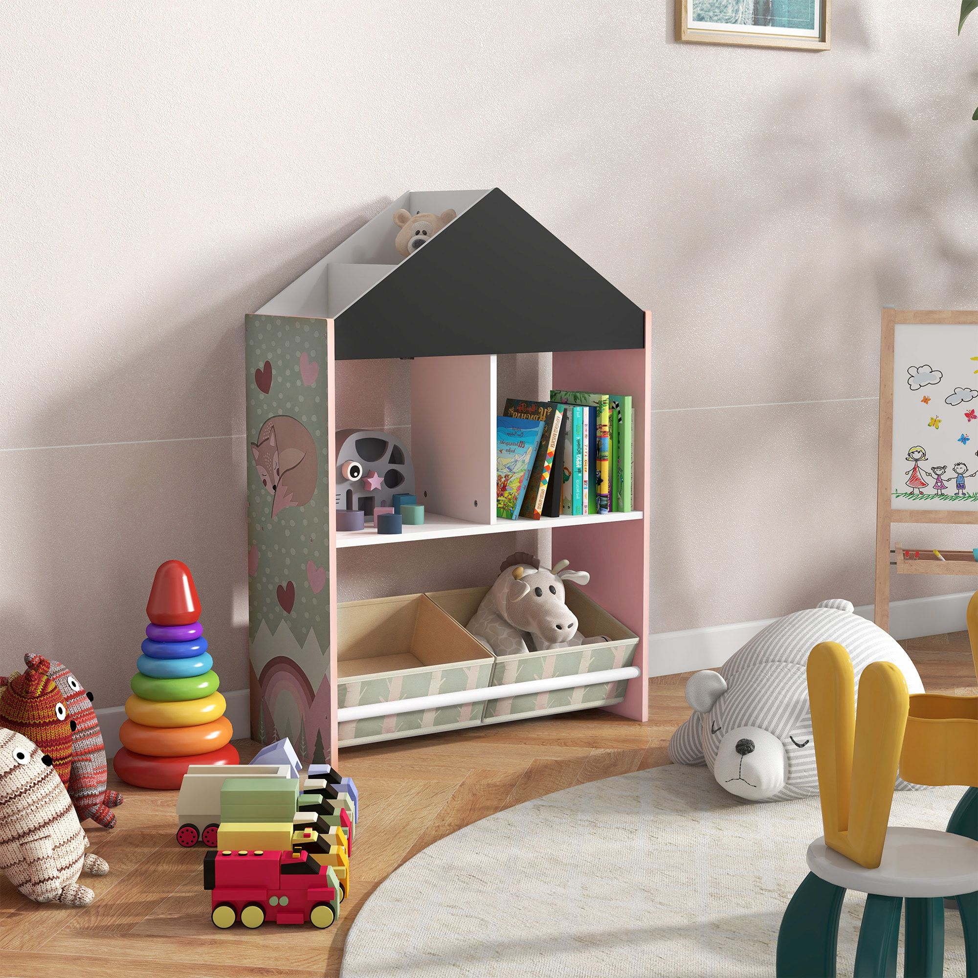 Estantería para Juguetes Organizador Infantil con Estantes Abiertos y 2 Cajas de Tela no Tejida Extraíbles para Sala de Juegos Habitación Guardería 62,4x26,5x90 cm Rosa