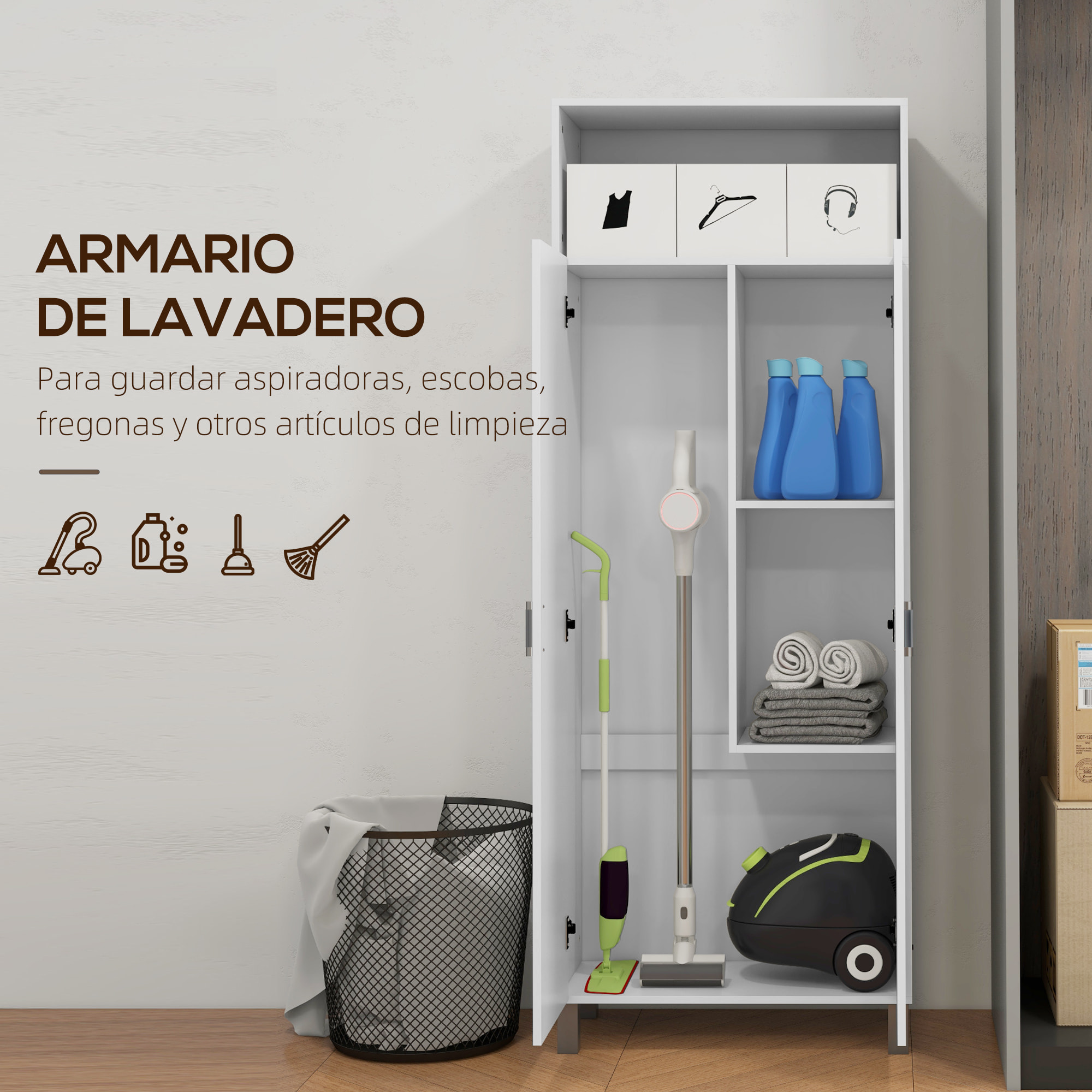 Armario Multiusos Armario Escobero con 2 Puertas Compartimiento Abierto y Estante Ajustable para Salón Lavadero 70x35x188 cm Blanco