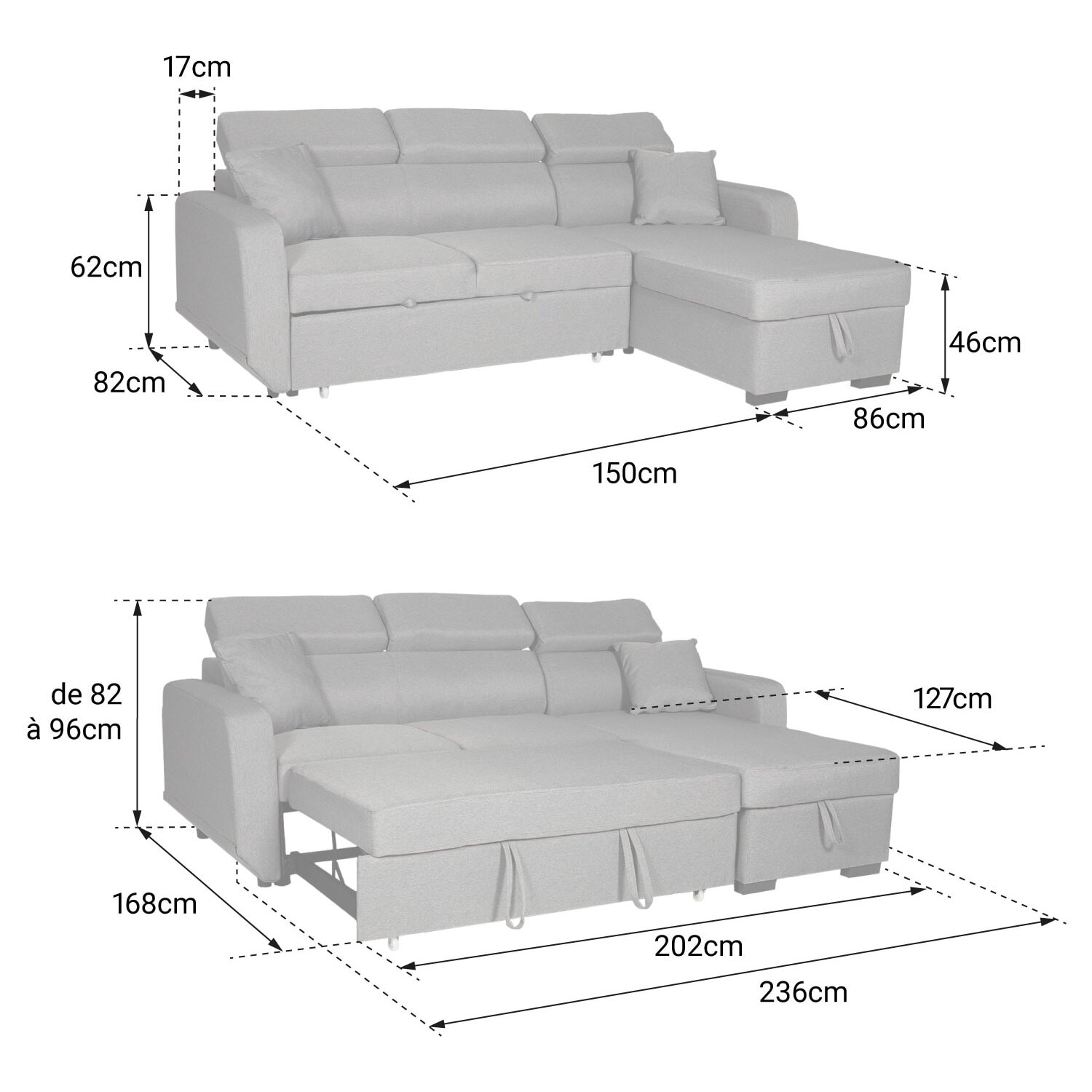 Canapé d'angle convertible WARREN 3 places simili noir