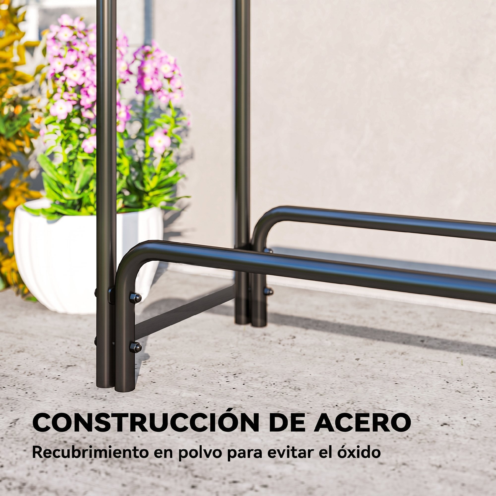 Outsunny Estante de Leña con Funda de PE, Leñero Exterior Metálico Robusto, Longitud Ajustable, Carga 300 kg, para Interior y Exterior, Jardín, Terraza, 300x36x99 cm, Verde y Negro