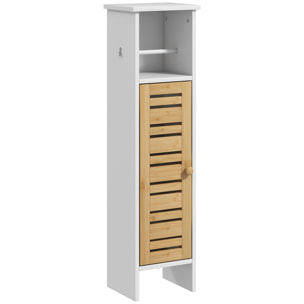 Columna de Baño Moderna Mueble Auxiliar de Baño con Portarrollos de Papel Estantes Ajustable y Puerta de Bambú Anti-vuelco 21x17x78 cm Blanco y Natural