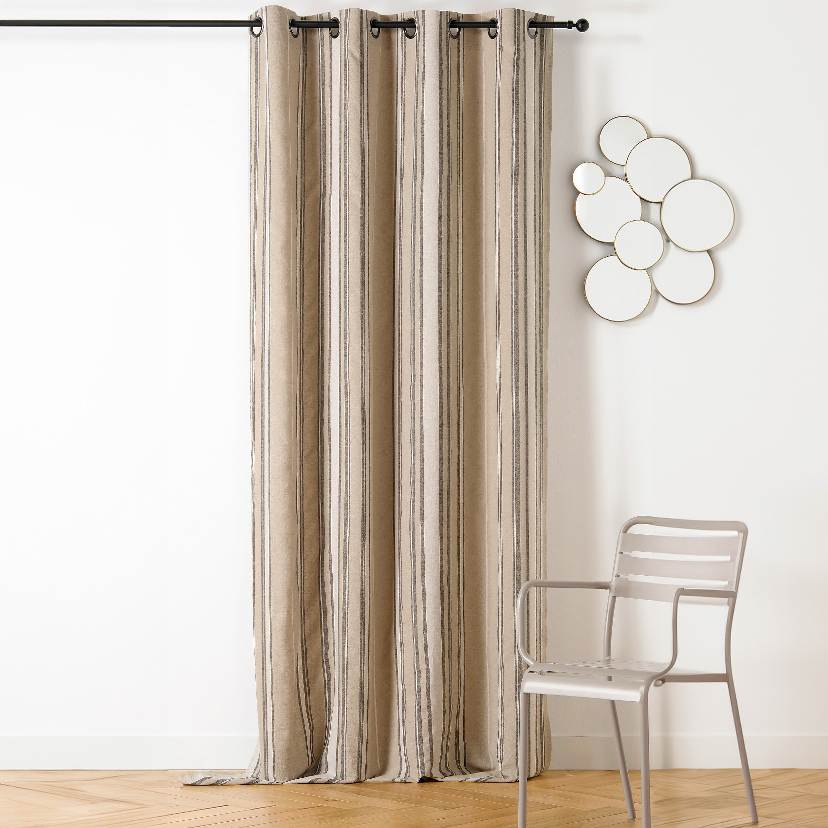 Rideau à Oeillets Lin Rayé Esprit Méditerranéen - Gris