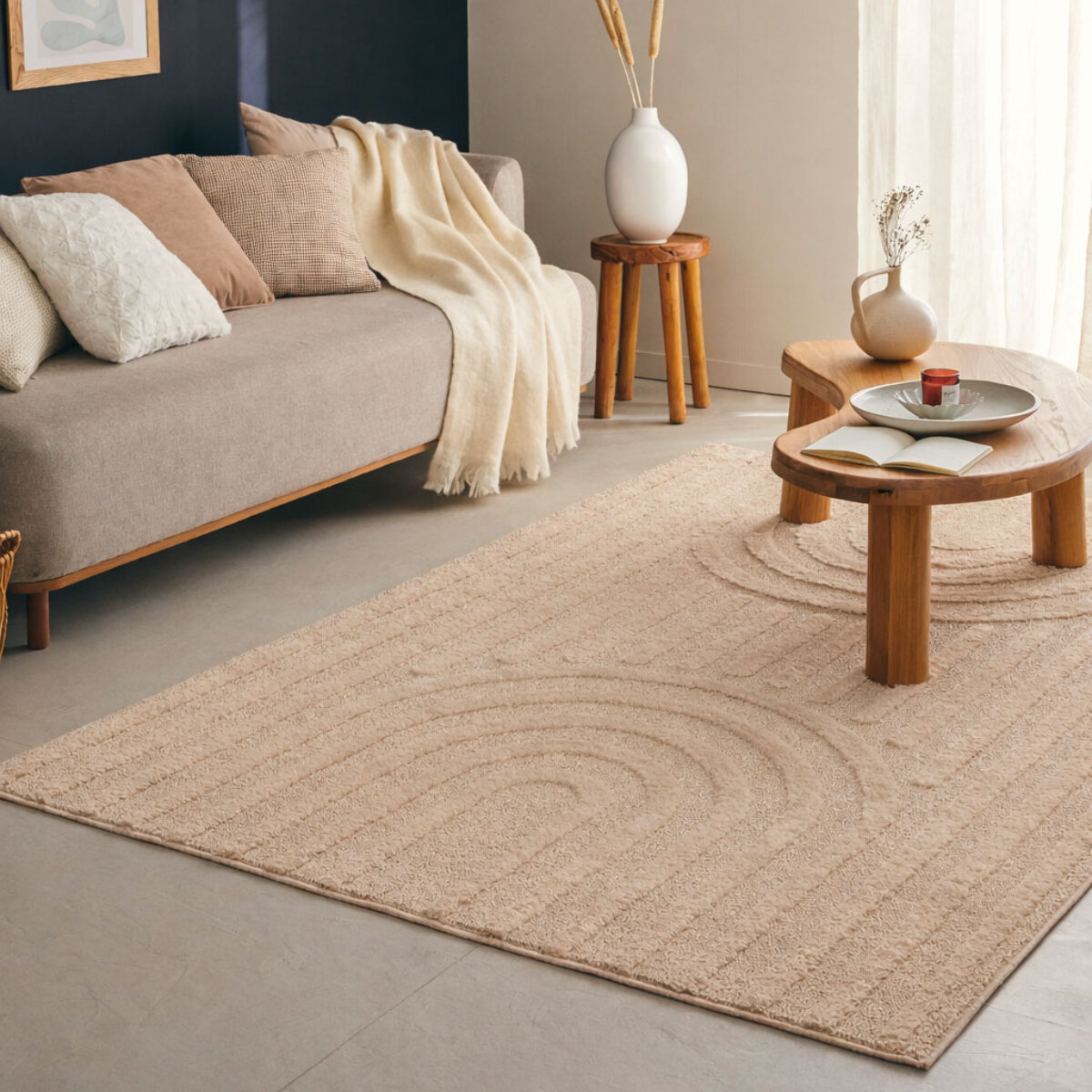 HARMONIE - Tapis de salon beige à motif arc en relief