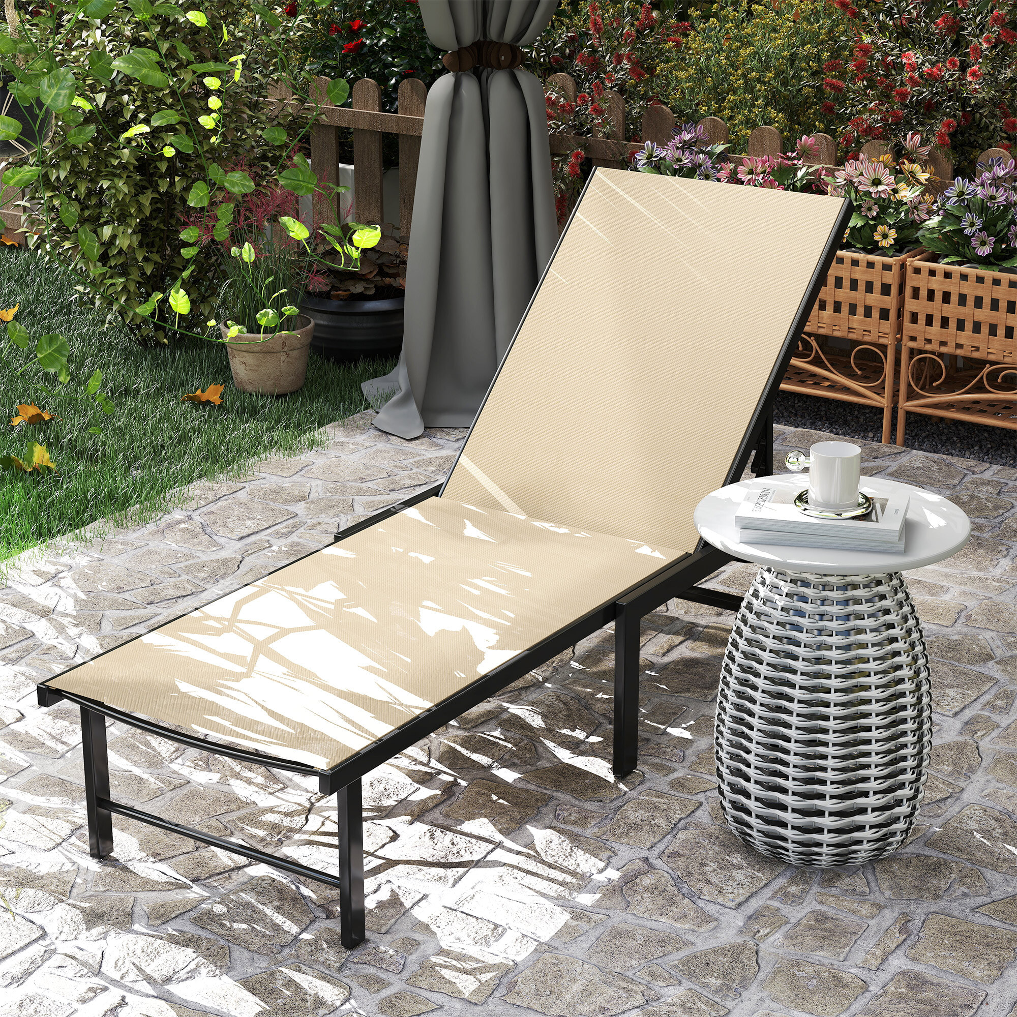 Tumbona Jardín Exterior, Tumbona Reclinable con Respaldo Ajustable en 4 Niveles y Estructura de Acero, Impermeable, Carga 120 kg, para Patio, Terraza, Balcón, 166x60x84 cm, Caqui
