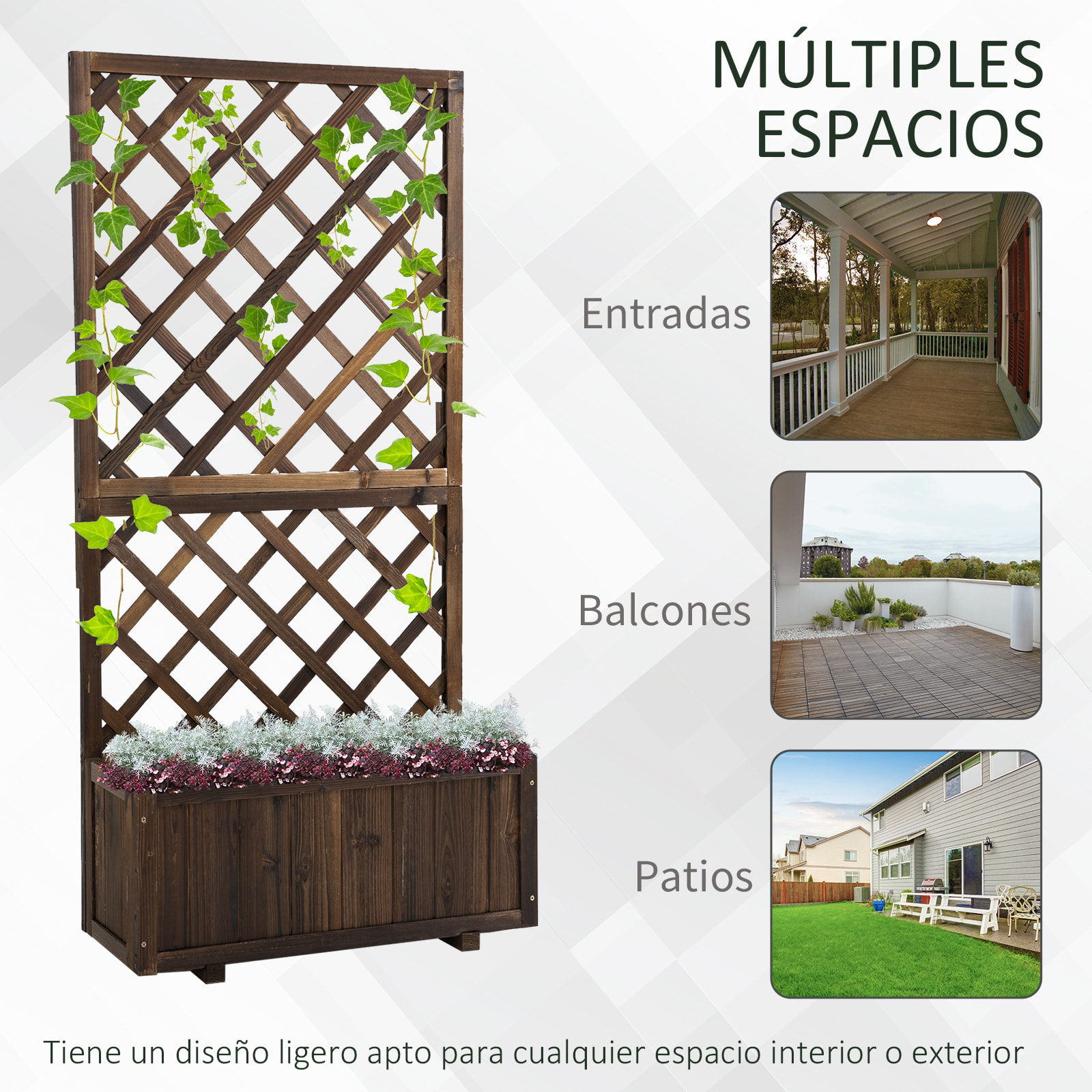 Jardinera con Enrejado de Madera Maciza Macetero de Jardín con Soporte para Trepadora para Cultivo de Plantas Flores 72,5x31,5x149,5 cm Carbonizado