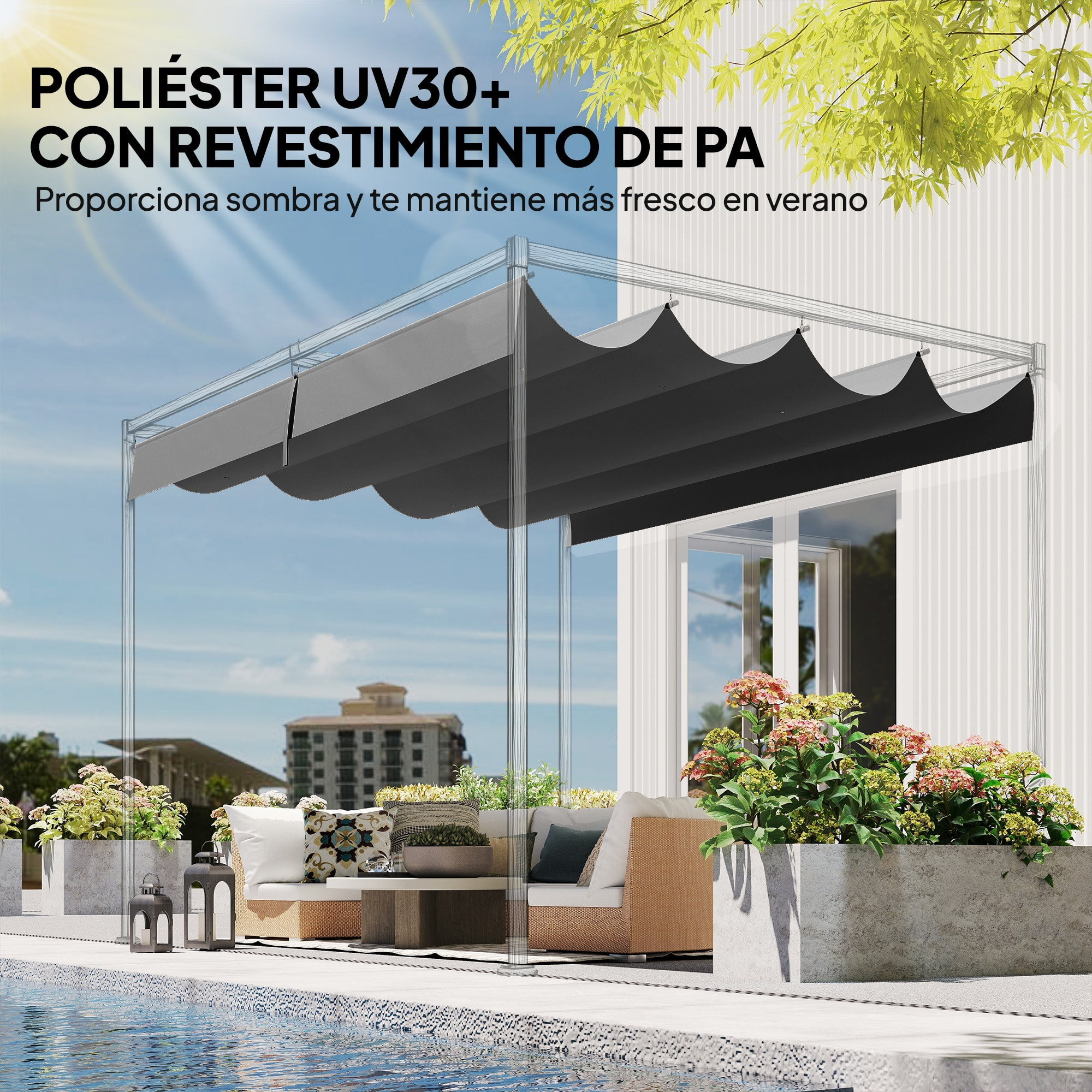 Techo de Pérgola 4 x 3,5 m, Techo de Repuesto Retráctil para Marco de Pérgola de 4x3 m, UV30+, Toldo de Tela Solo para Cenador Jardín con 8 Orificios de Drenaje, Gris Oscuro