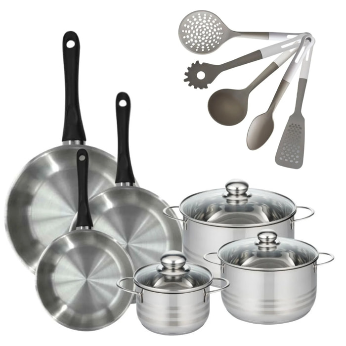 Lot 3 Poêles Inox 20/24/28cm  Fackelmann Geneva & 3 Faitouts 16/20/24cm avec 5 Ustensiles Fackelmann