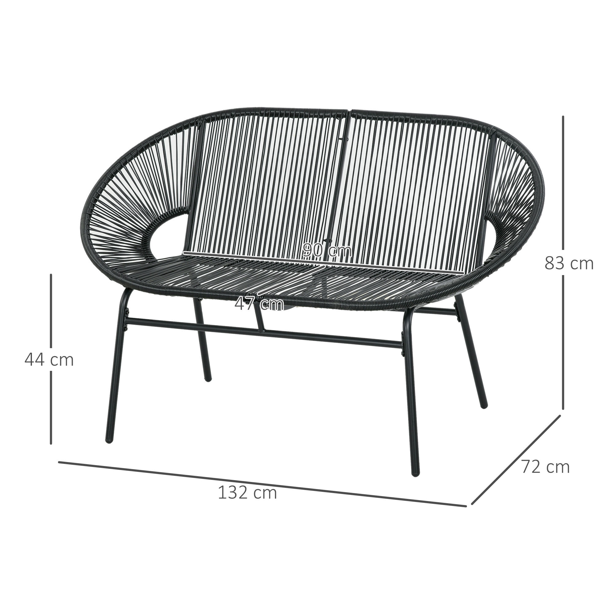 Silla Acapulco de 2 Plazas Silla de Jardín con Reposabrazos Cojines y Marco de Acero Carga 260 kg para Balcón Terraza Patio 132x72x83 cm Negro