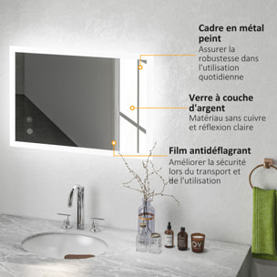 Miroir mural lumineux LED de salle de bain - 80 x 60 cm - avec 3 couleurs, luminosité réglable interrupteur tactile système antibuée transparent