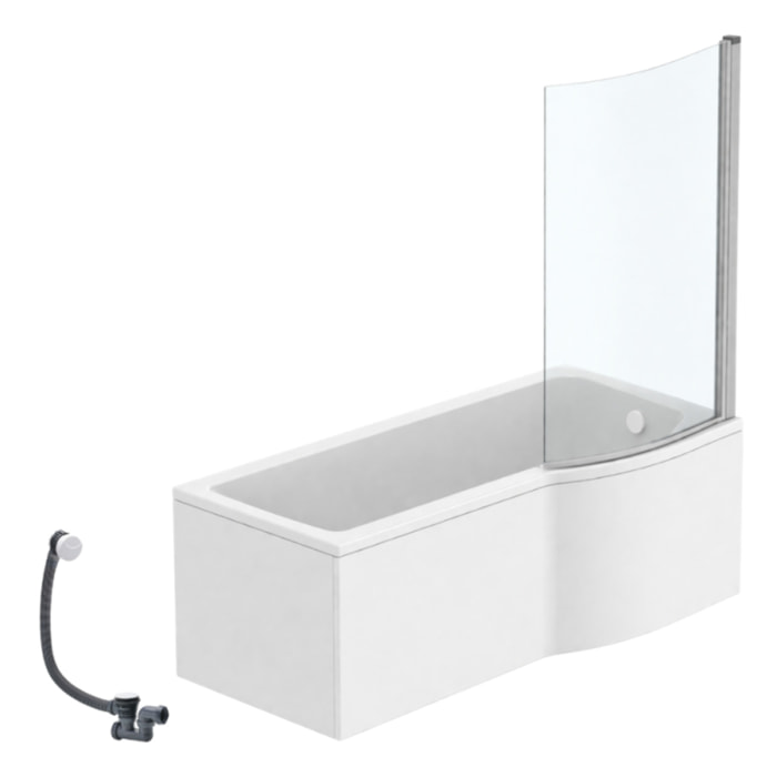 Pack baignoire bain douche 170 x 80 cm droite Connect Air + tablier + pare bain fixe + vidage Blanc