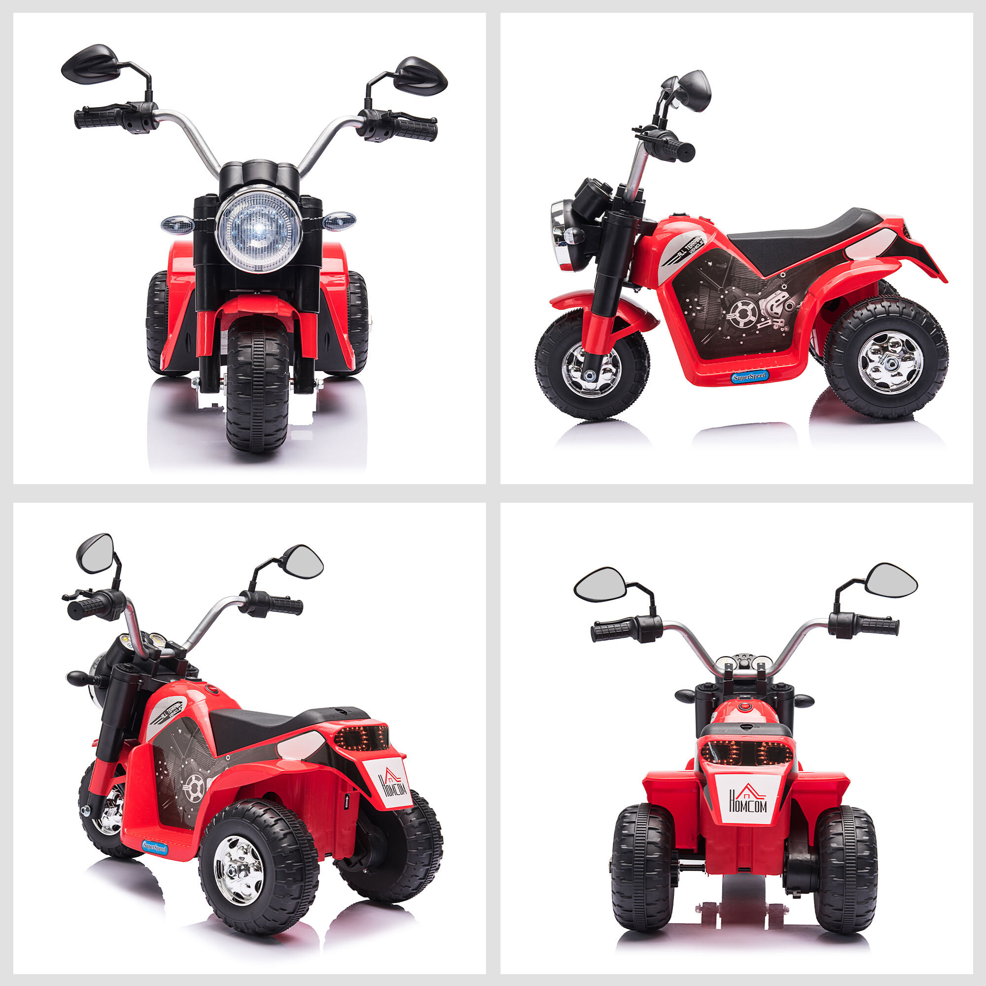 Moto électrique enfant chopper tout-terrain  6 V 20 W marche AV AR 3 roues effets lumineux et sonores rouge noir