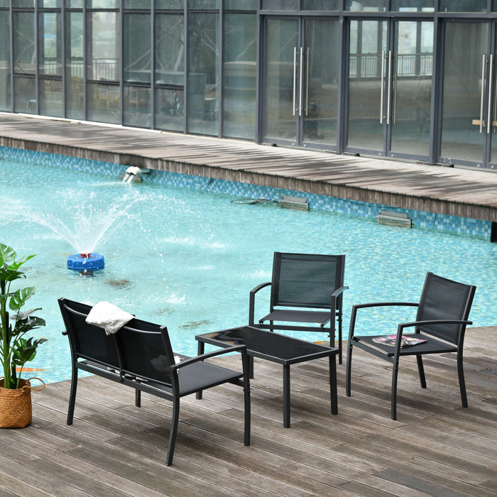 Outsunny Conjunto de Muebles de Jardín 4 Piezas Muebles Jardín Exterior con 2 Sillones 1 Sofá de 2 Plazas y Mesa de Centro con Tablero de Vidrio Templado Negro