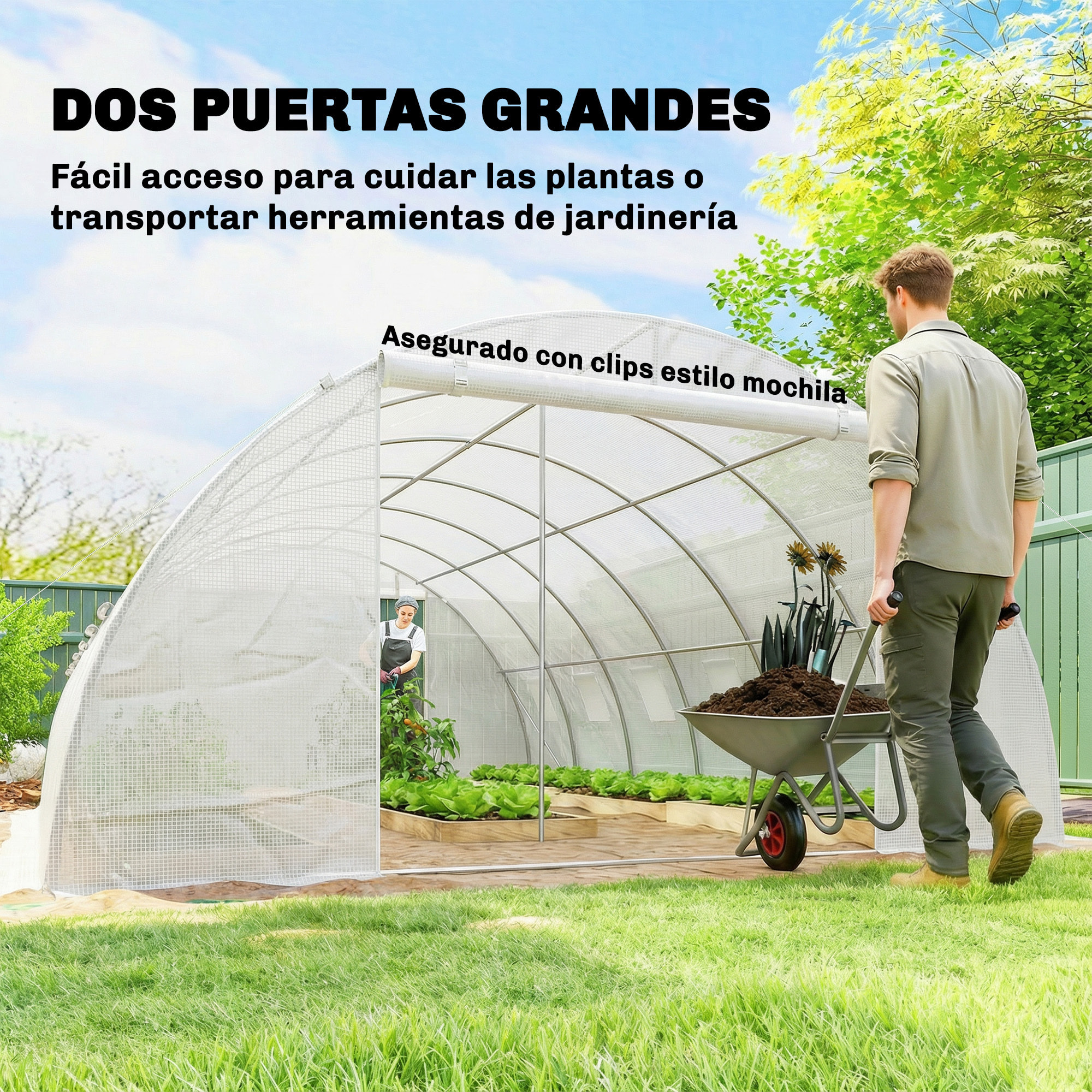 Invernadero de Exterior 6x4x2 m, Invernadero de Túnel con 2 Varillas de Soporte, Puertas Enrollables, Ventanas de Malla, Cubierta PE y Marco de Acero Galvanizado, Anti-UV, Impermeable, Blanco