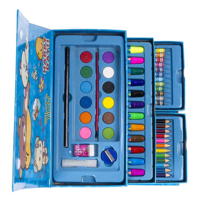 Set di colori in valigetta con cassetti, 54 pezzi. Include matite, acquerelli, pennarelli, pastelli e accessori.