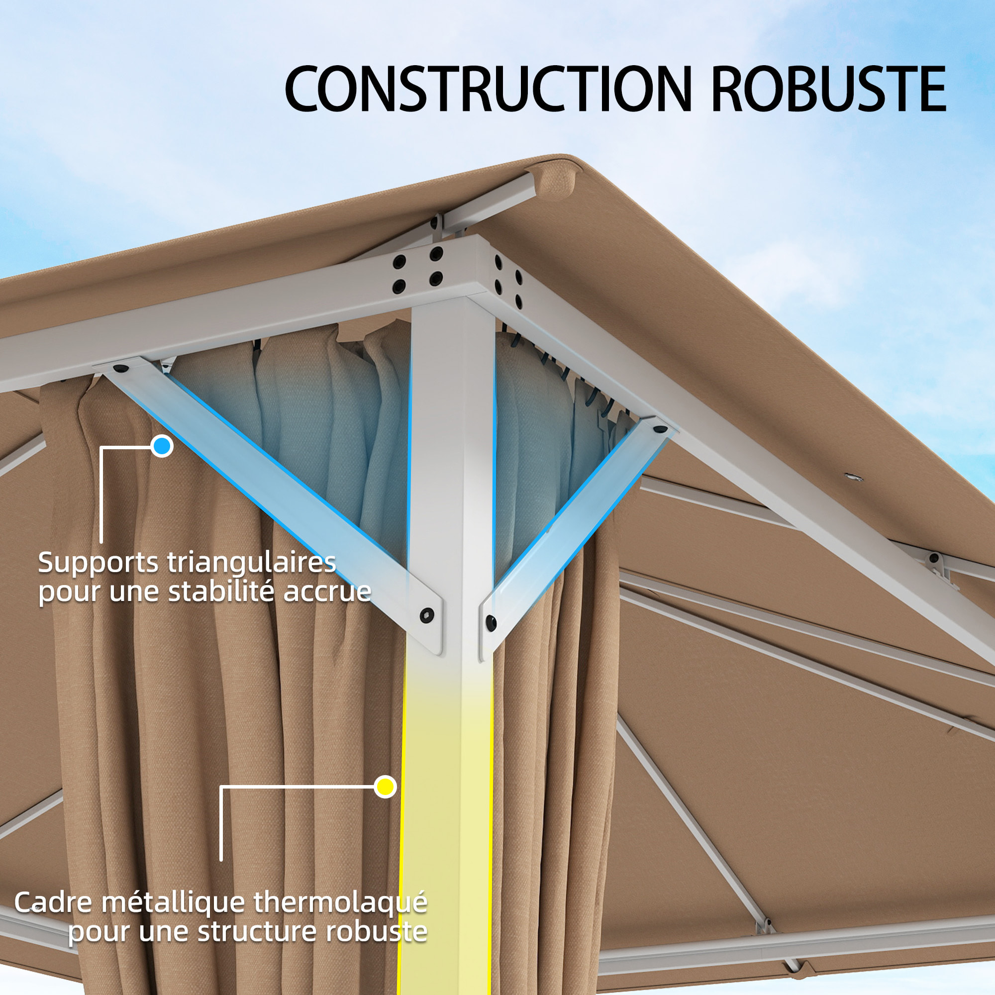 Pavillon de jardin style colonial coloris camel 4 x 3 m rideaux et moustiquaires inclus